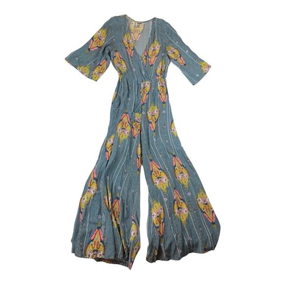 Jaase women's small blue jumpsuit wide leg romper one-piece boho crop fit vaca c - Picture 1 of 14